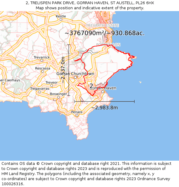 2, TRELISPEN PARK DRIVE, GORRAN HAVEN, ST AUSTELL, PL26 6HX: Plot and title map