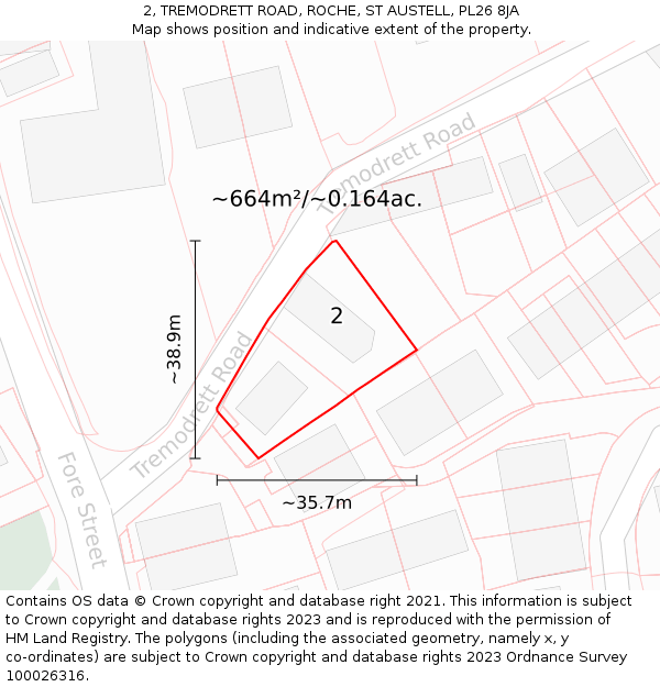 2, TREMODRETT ROAD, ROCHE, ST AUSTELL, PL26 8JA: Plot and title map