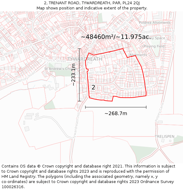 2, TRENANT ROAD, TYWARDREATH, PAR, PL24 2QJ: Plot and title map