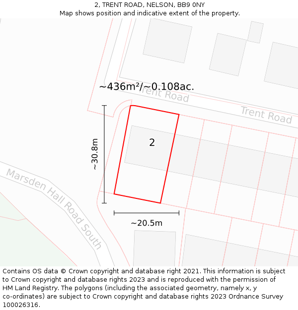 2, TRENT ROAD, NELSON, BB9 0NY: Plot and title map