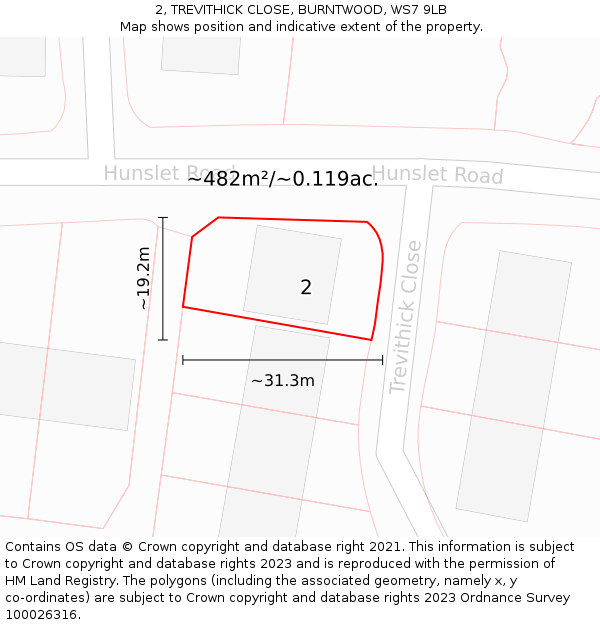 2, TREVITHICK CLOSE, BURNTWOOD, WS7 9LB: Plot and title map