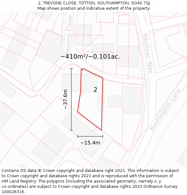 2, TREVONE CLOSE, TOTTON, SOUTHAMPTON, SO40 7QJ: Plot and title map