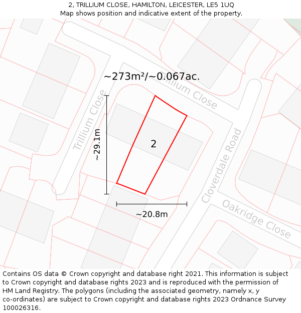 2, TRILLIUM CLOSE, HAMILTON, LEICESTER, LE5 1UQ: Plot and title map