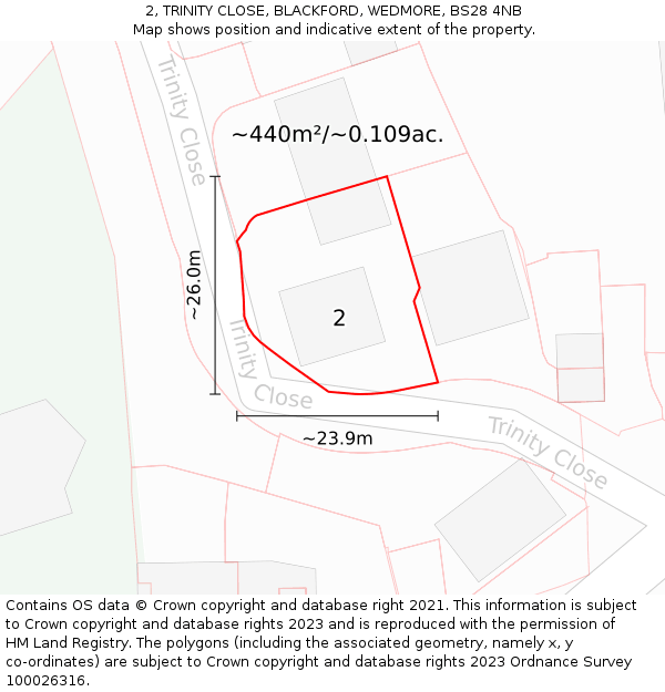 2, TRINITY CLOSE, BLACKFORD, WEDMORE, BS28 4NB: Plot and title map