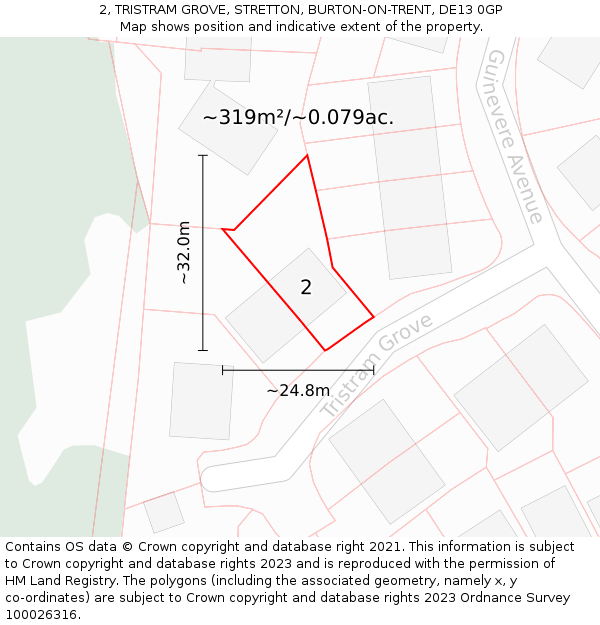 2, TRISTRAM GROVE, STRETTON, BURTON-ON-TRENT, DE13 0GP: Plot and title map
