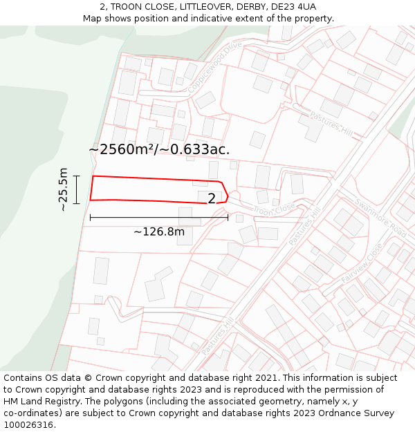 2, TROON CLOSE, LITTLEOVER, DERBY, DE23 4UA: Plot and title map