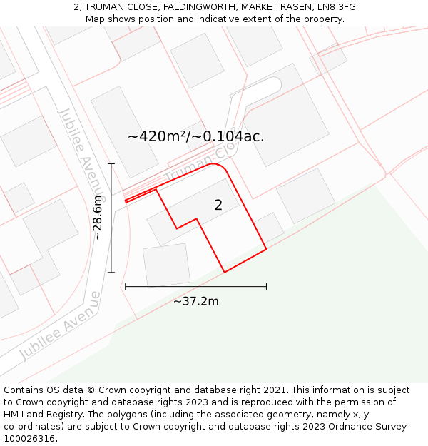 2, TRUMAN CLOSE, FALDINGWORTH, MARKET RASEN, LN8 3FG: Plot and title map