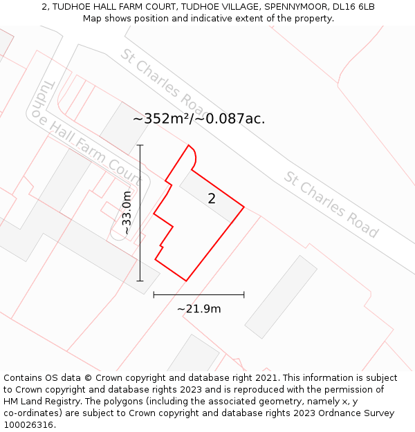 2, TUDHOE HALL FARM COURT, TUDHOE VILLAGE, SPENNYMOOR, DL16 6LB: Plot and title map