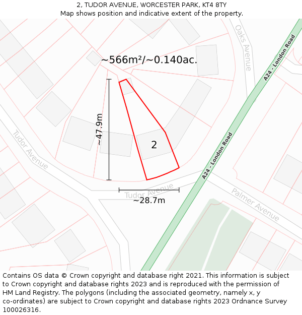 2, TUDOR AVENUE, WORCESTER PARK, KT4 8TY: Plot and title map