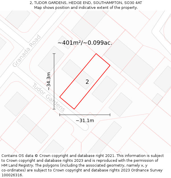 2, TUDOR GARDENS, HEDGE END, SOUTHAMPTON, SO30 4AT: Plot and title map