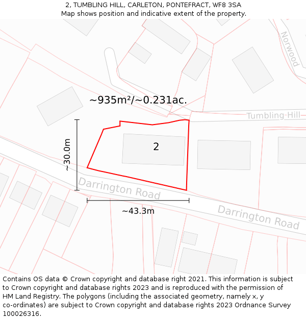 2, TUMBLING HILL, CARLETON, PONTEFRACT, WF8 3SA: Plot and title map