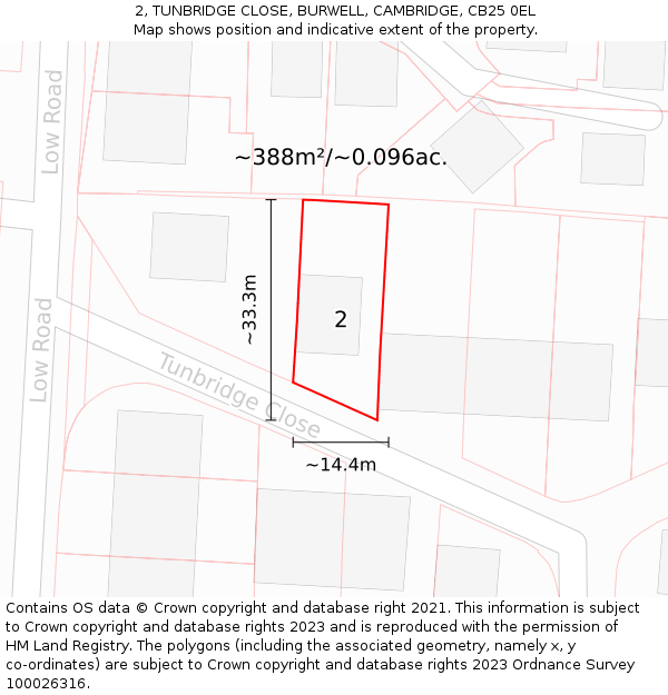 2, TUNBRIDGE CLOSE, BURWELL, CAMBRIDGE, CB25 0EL: Plot and title map