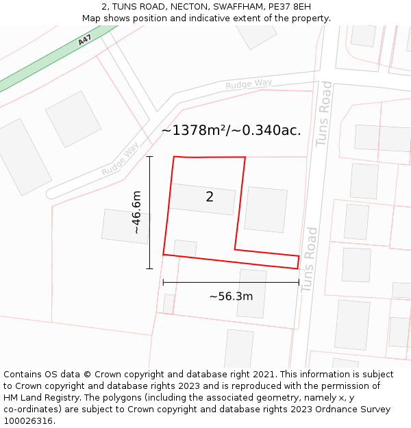 2, TUNS ROAD, NECTON, SWAFFHAM, PE37 8EH: Plot and title map