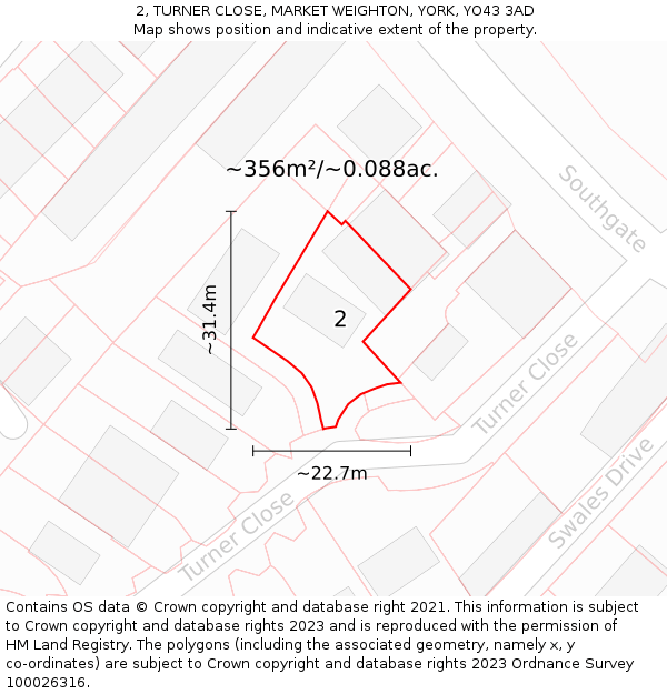 2, TURNER CLOSE, MARKET WEIGHTON, YORK, YO43 3AD: Plot and title map