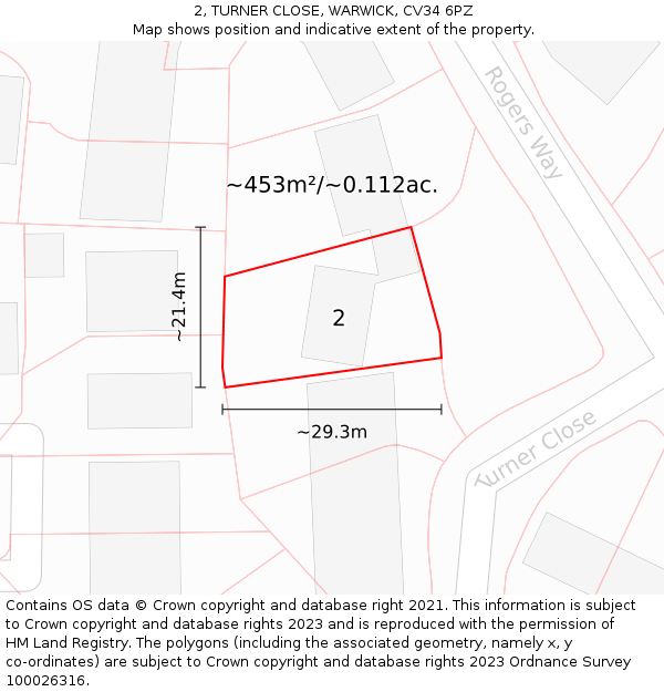 2, TURNER CLOSE, WARWICK, CV34 6PZ: Plot and title map