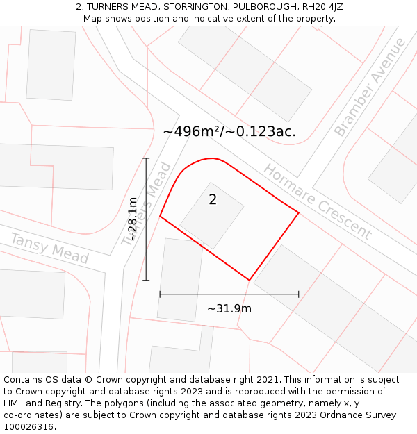 2, TURNERS MEAD, STORRINGTON, PULBOROUGH, RH20 4JZ: Plot and title map