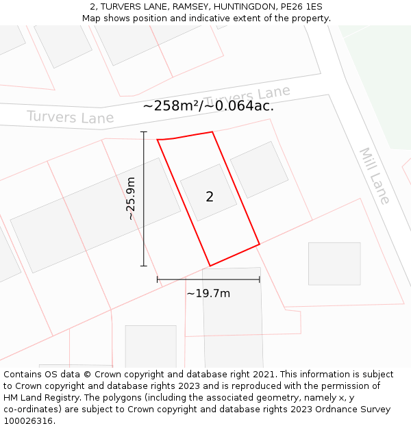 2, TURVERS LANE, RAMSEY, HUNTINGDON, PE26 1ES: Plot and title map
