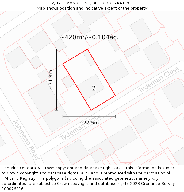 2, TYDEMAN CLOSE, BEDFORD, MK41 7GF: Plot and title map