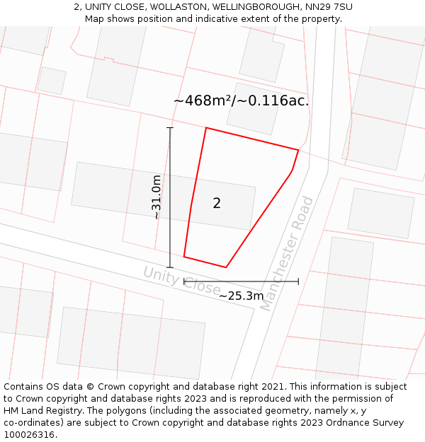 2, UNITY CLOSE, WOLLASTON, WELLINGBOROUGH, NN29 7SU: Plot and title map