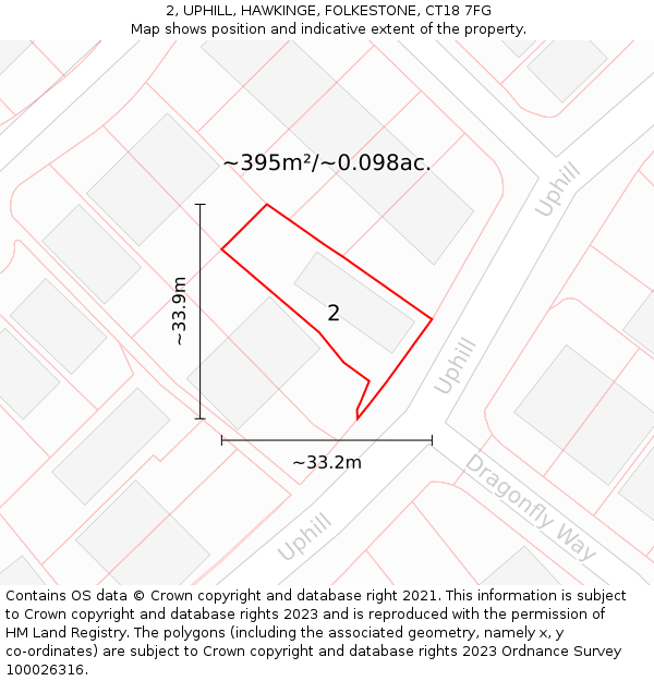 2, UPHILL, HAWKINGE, FOLKESTONE, CT18 7FG: Plot and title map