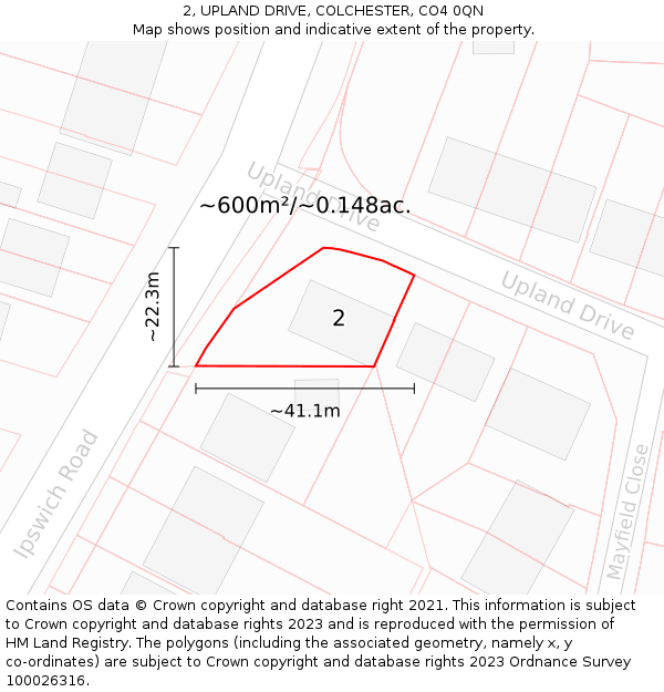 2, UPLAND DRIVE, COLCHESTER, CO4 0QN: Plot and title map