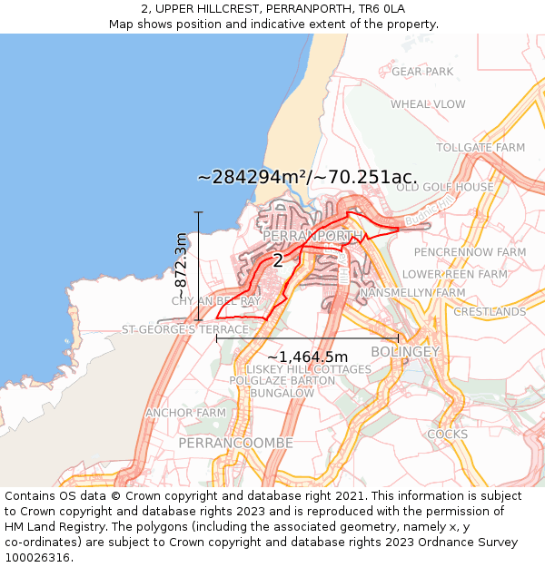 2, UPPER HILLCREST, PERRANPORTH, TR6 0LA: Plot and title map