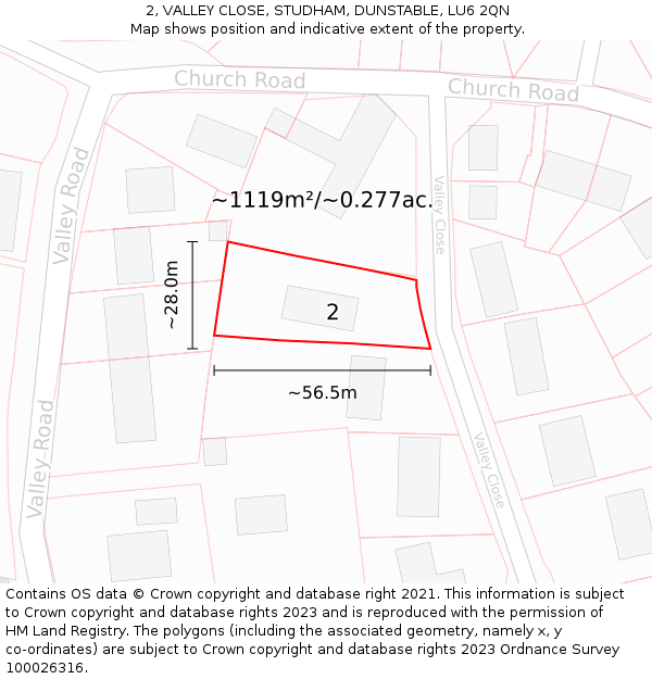 2, VALLEY CLOSE, STUDHAM, DUNSTABLE, LU6 2QN: Plot and title map