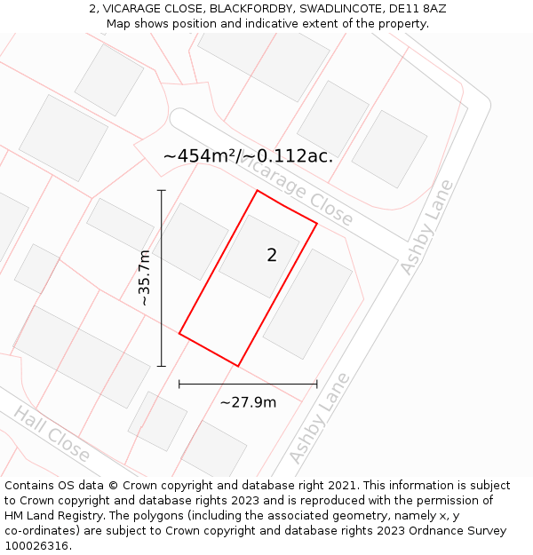 2, VICARAGE CLOSE, BLACKFORDBY, SWADLINCOTE, DE11 8AZ: Plot and title map