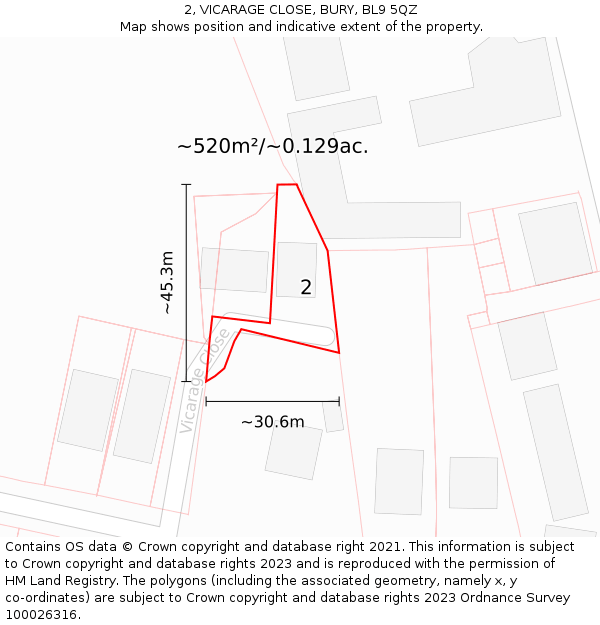 2, VICARAGE CLOSE, BURY, BL9 5QZ: Plot and title map