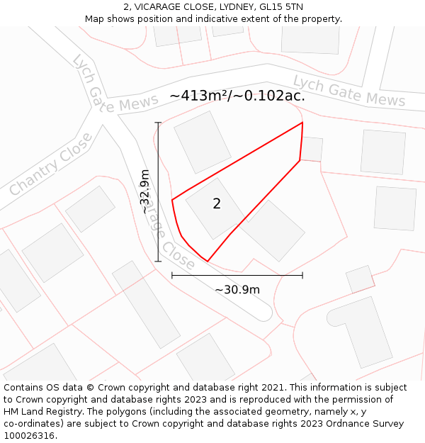 2, VICARAGE CLOSE, LYDNEY, GL15 5TN: Plot and title map