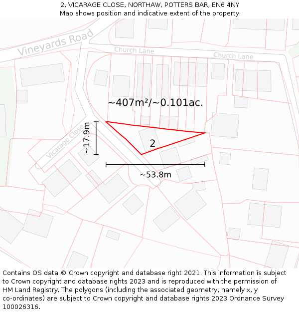 2, VICARAGE CLOSE, NORTHAW, POTTERS BAR, EN6 4NY: Plot and title map