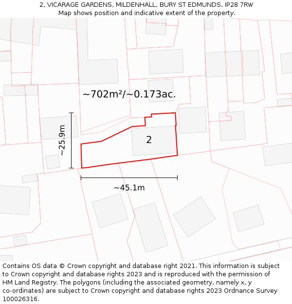 2, VICARAGE GARDENS, MILDENHALL, BURY ST EDMUNDS, IP28 7RW: Plot and title map