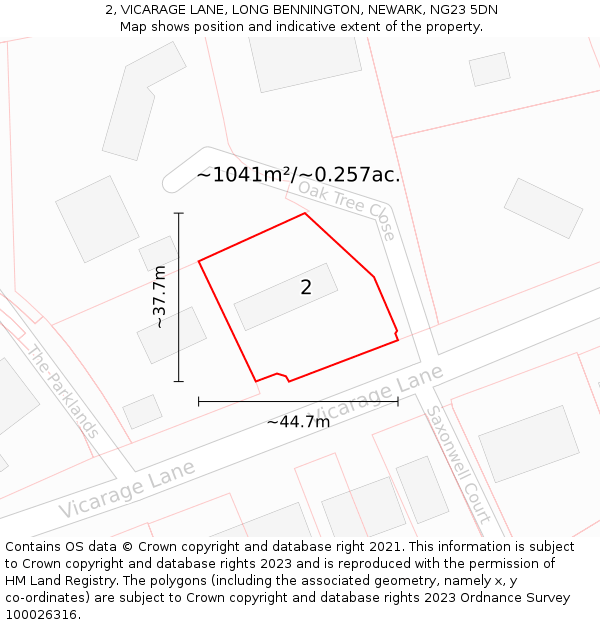 2, VICARAGE LANE, LONG BENNINGTON, NEWARK, NG23 5DN: Plot and title map