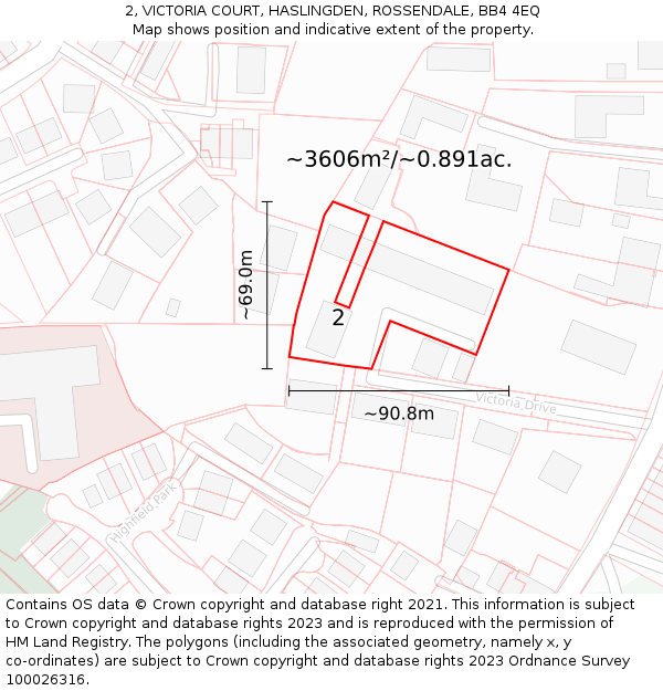 2, VICTORIA COURT, HASLINGDEN, ROSSENDALE, BB4 4EQ: Plot and title map