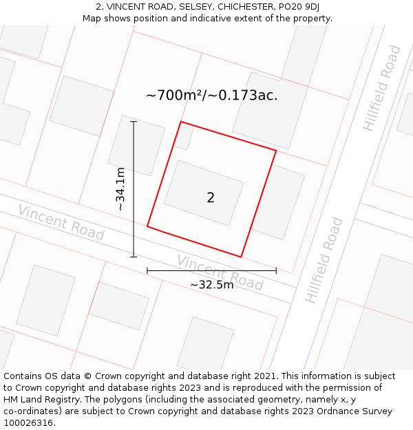 2, VINCENT ROAD, SELSEY, CHICHESTER, PO20 9DJ: Plot and title map