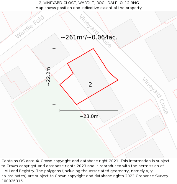 2, VINEYARD CLOSE, WARDLE, ROCHDALE, OL12 9NG: Plot and title map