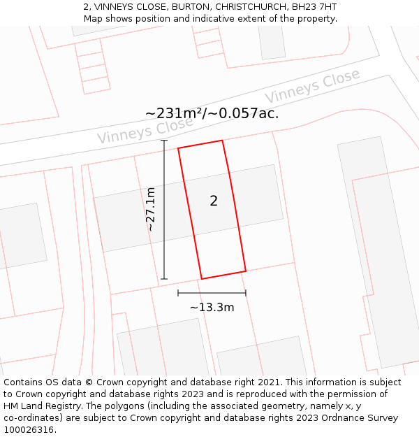 2, VINNEYS CLOSE, BURTON, CHRISTCHURCH, BH23 7HT: Plot and title map