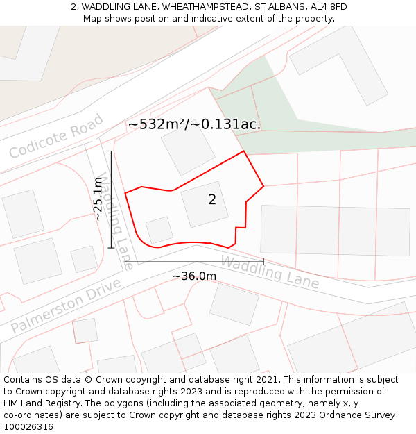 2, WADDLING LANE, WHEATHAMPSTEAD, ST ALBANS, AL4 8FD: Plot and title map