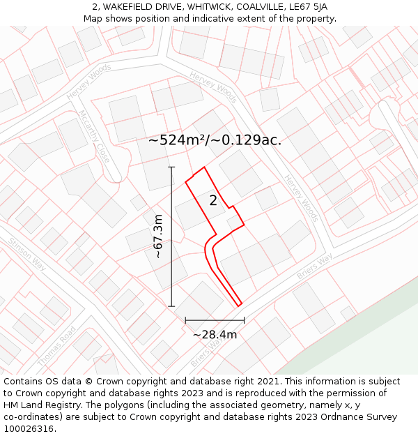 2, WAKEFIELD DRIVE, WHITWICK, COALVILLE, LE67 5JA: Plot and title map