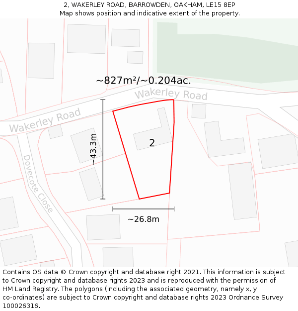 2, WAKERLEY ROAD, BARROWDEN, OAKHAM, LE15 8EP: Plot and title map