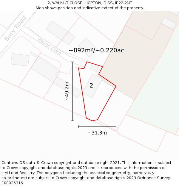 2, WALNUT CLOSE, HOPTON, DISS, IP22 2NT: Plot and title map