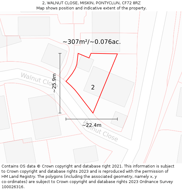 2, WALNUT CLOSE, MISKIN, PONTYCLUN, CF72 8RZ: Plot and title map