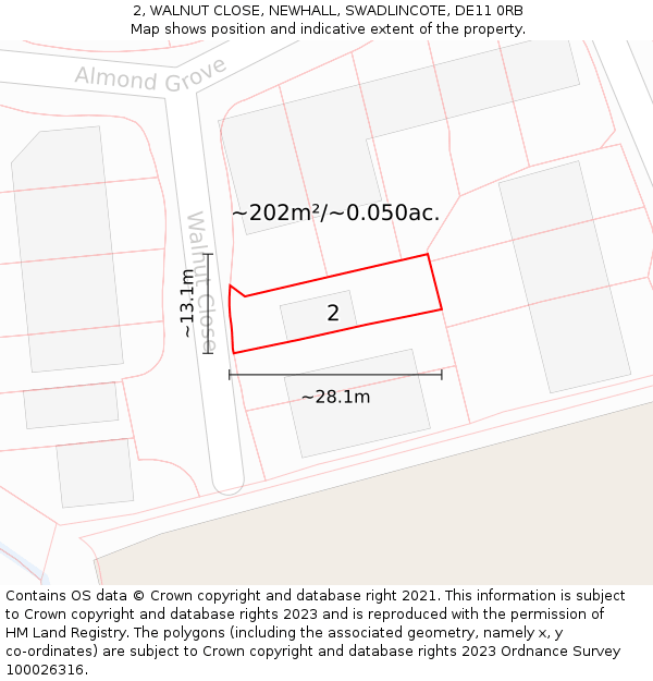 2, WALNUT CLOSE, NEWHALL, SWADLINCOTE, DE11 0RB: Plot and title map