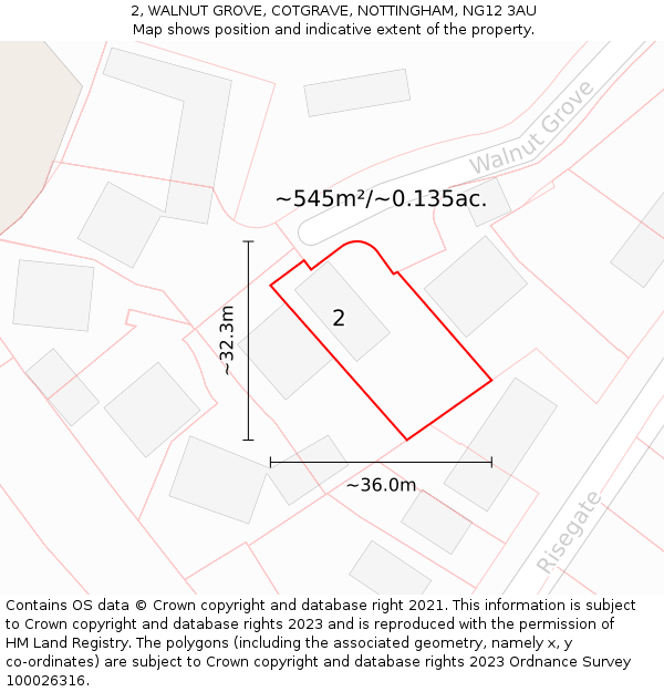 2, WALNUT GROVE, COTGRAVE, NOTTINGHAM, NG12 3AU: Plot and title map
