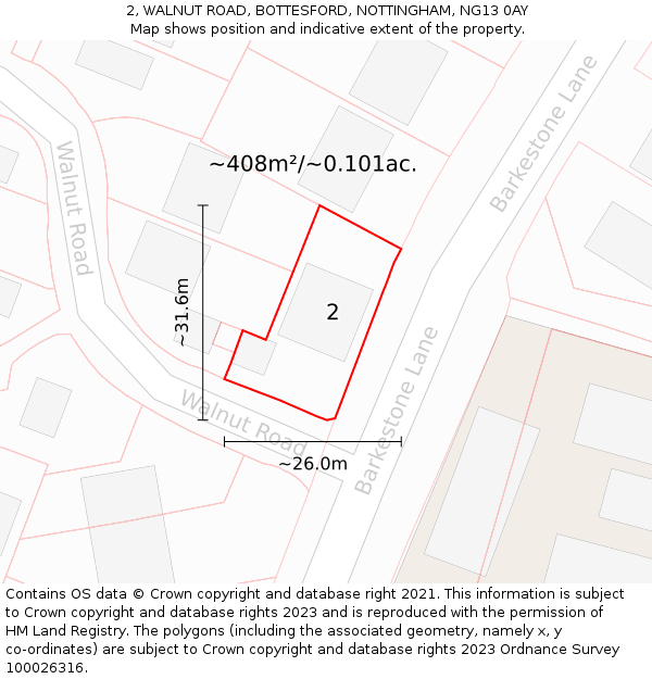 2, WALNUT ROAD, BOTTESFORD, NOTTINGHAM, NG13 0AY: Plot and title map
