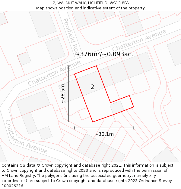2, WALNUT WALK, LICHFIELD, WS13 8FA: Plot and title map