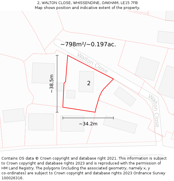 2, WALTON CLOSE, WHISSENDINE, OAKHAM, LE15 7FB: Plot and title map