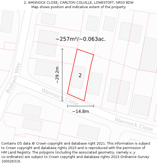 2, WANNOCK CLOSE, CARLTON COLVILLE, LOWESTOFT, NR33 8DW: Plot and title map