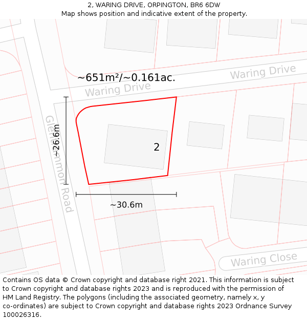 2, WARING DRIVE, ORPINGTON, BR6 6DW: Plot and title map