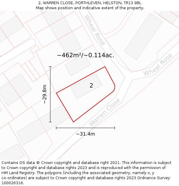 2, WARREN CLOSE, PORTHLEVEN, HELSTON, TR13 9BL: Plot and title map